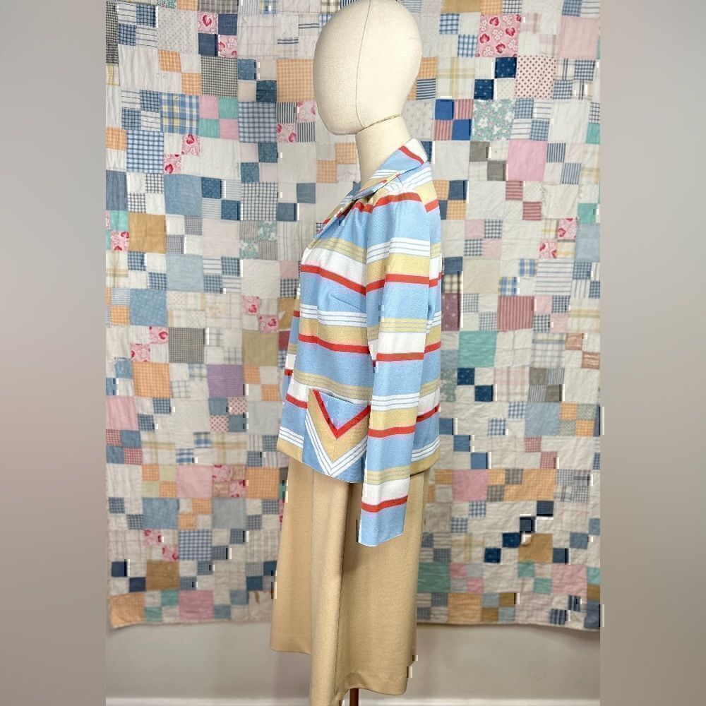 1960’s Kay Windsor Medium Sky Blue, Beige and Orange Poly Dress and Jacket Set - Picture 3 of 10